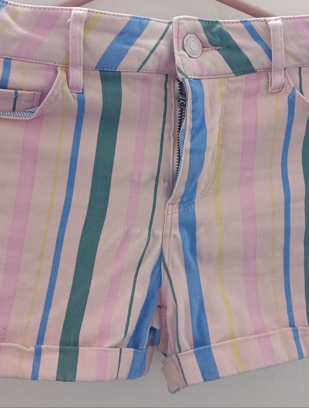 twik Pastel Striped Denim Shorts - Pink, Blue & Green